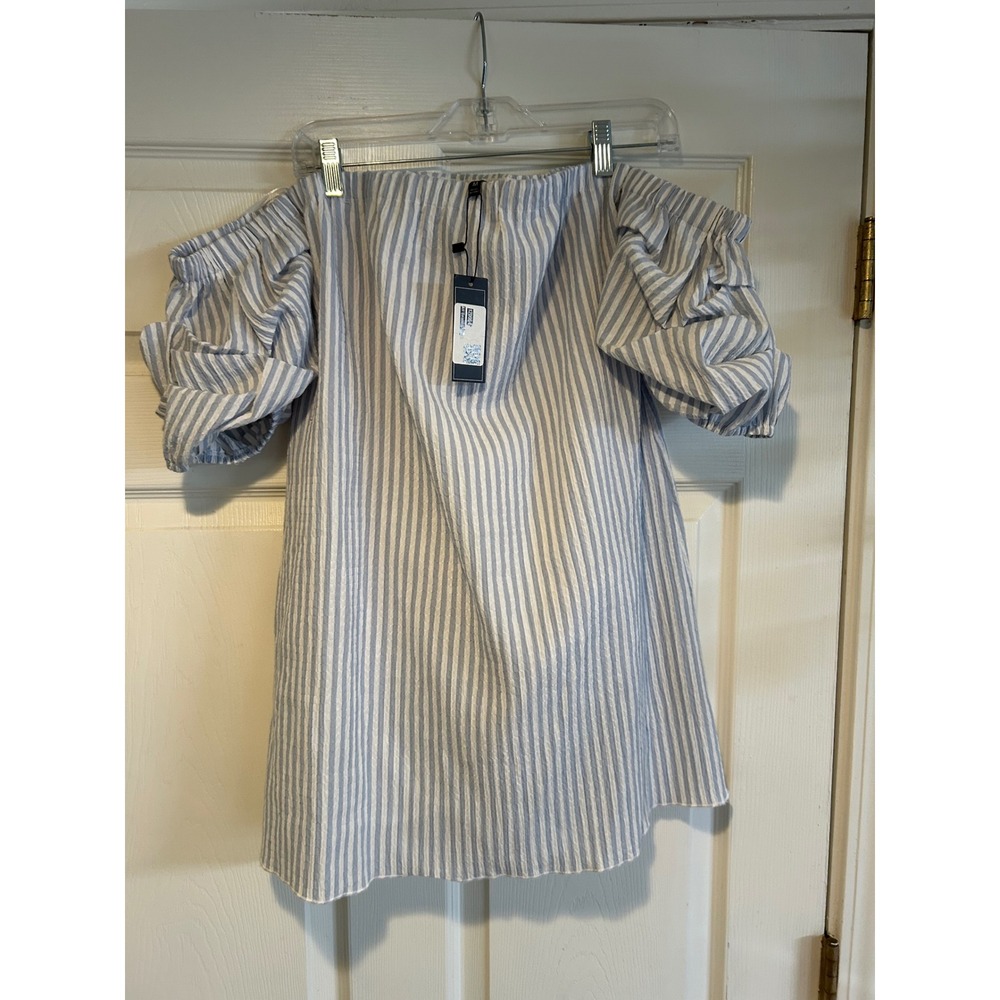 Puff Sleeve Shift Dress: Rampage Womens Off Shoulder Striped dress  M NEW